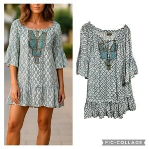 Skemo Beaded Bell Sleeve Dress - Size XS -‎ Beach Coastal
